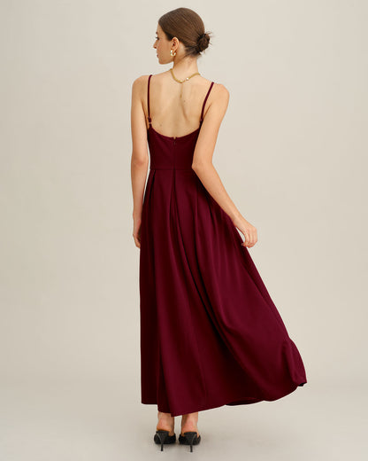 Bordo Pileli Slip Maxi Elbise