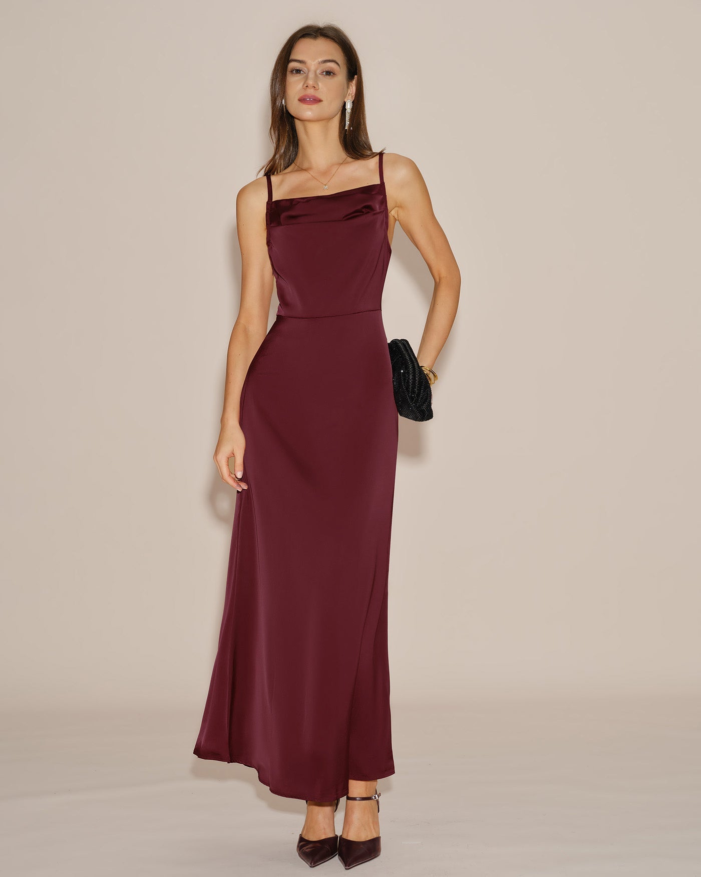 Bordo Düz Renk Bağlamalı Slip Maxi Elbise