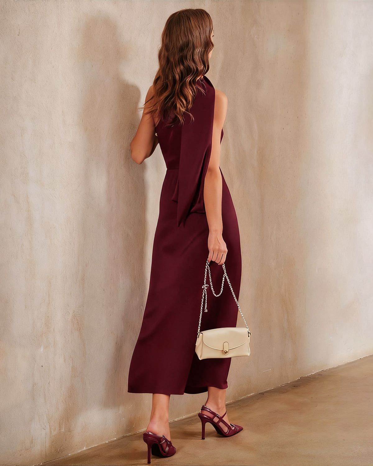Bordo Saten One Shoulder Maxi Elbise