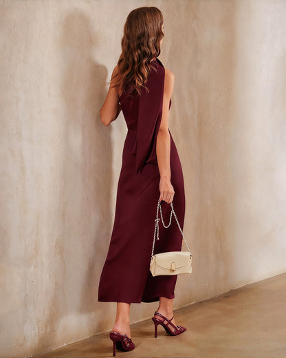 Bordo Saten One Shoulder Maxi Elbise
