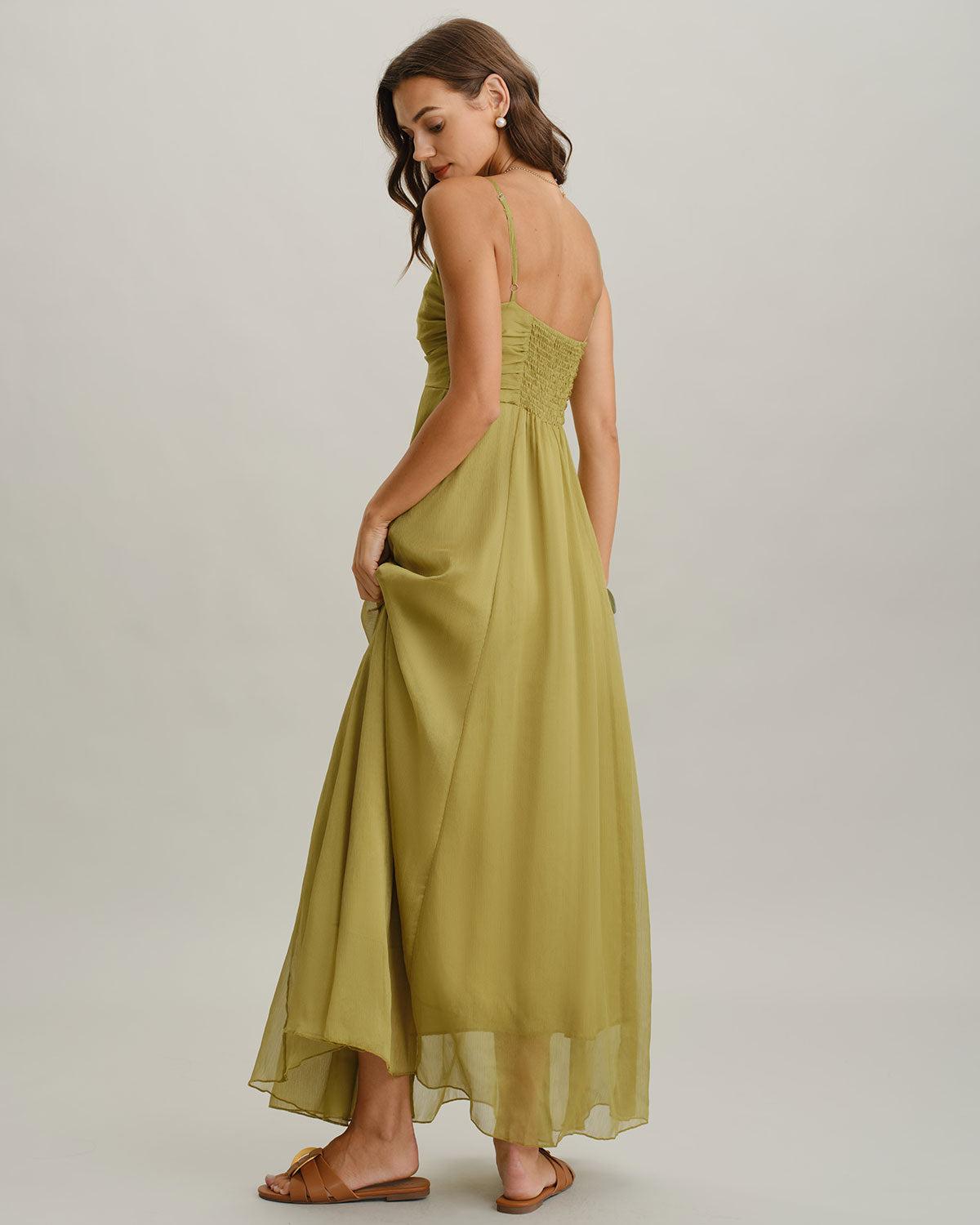 Yeşil Büzgülü Slip Maxi Elbise