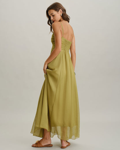 Yeşil Büzgülü Slip Maxi Elbise