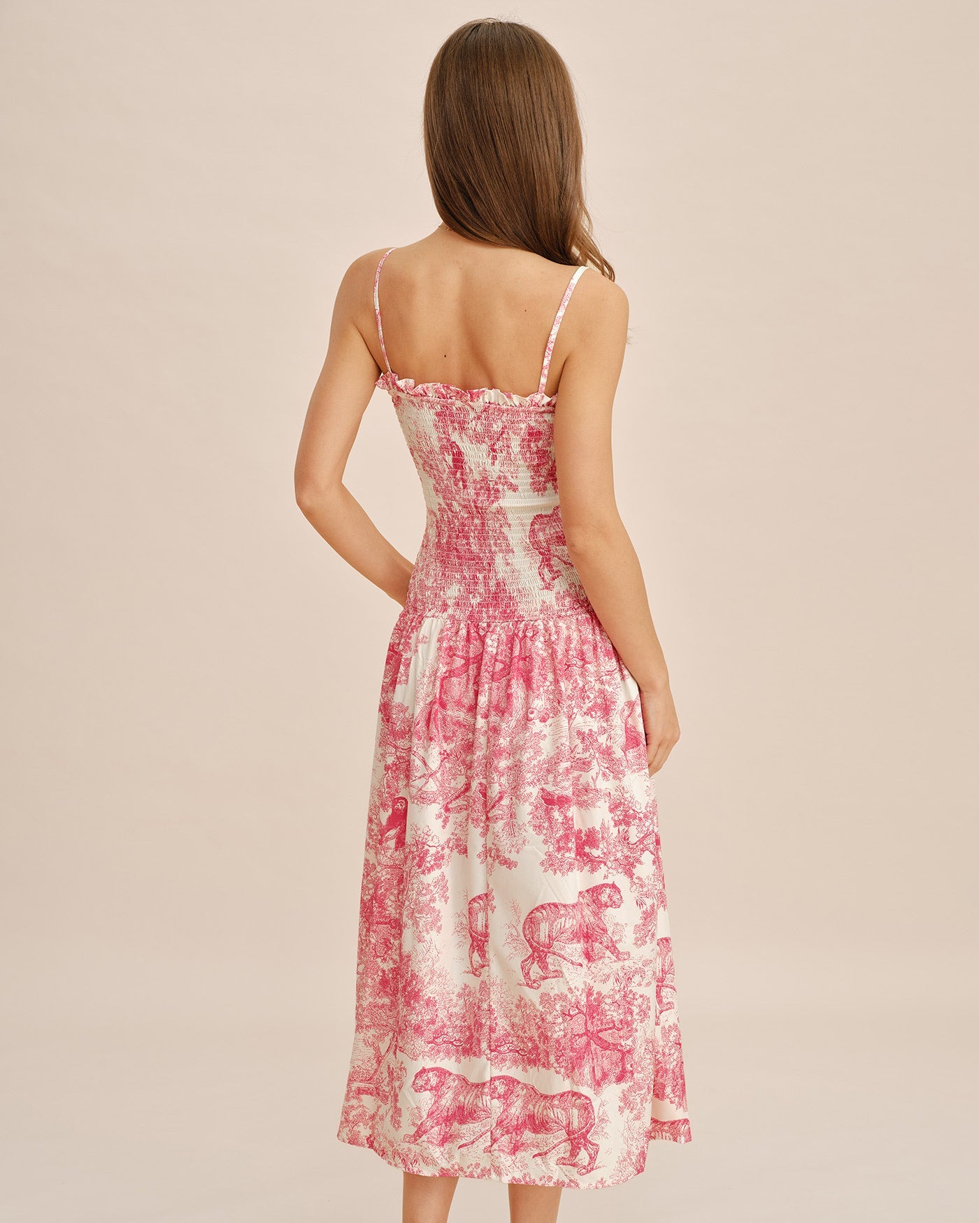 Pembe Çiçek Desenli Büzgülü Slip Maxi Elbise