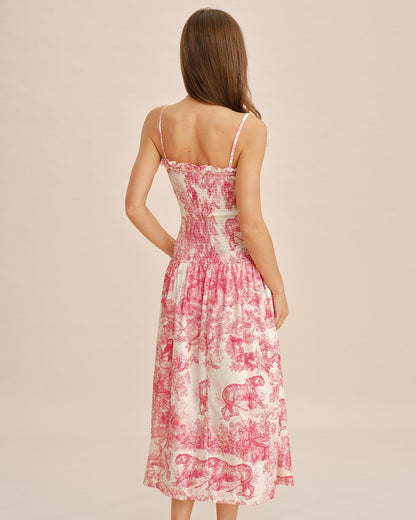 Pembe Çiçek Desenli Büzgülü Slip Maxi Elbise