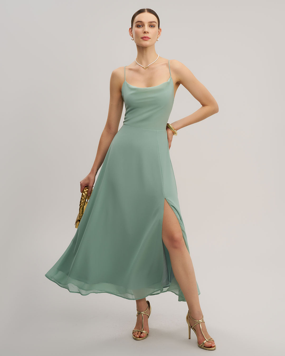 Yeşil A Kesim Sırtı Açık Slip Maxi Elbise