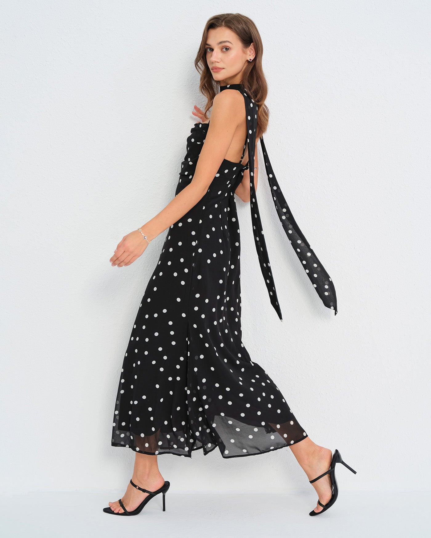 Siyah Puantiyeli Slip Maxi Elbise