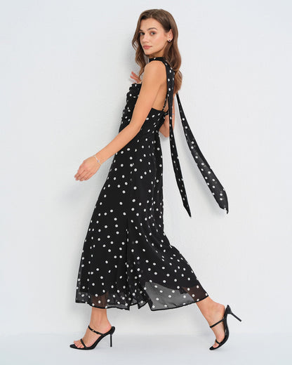Siyah Puantiyeli Slip Maxi Elbise
