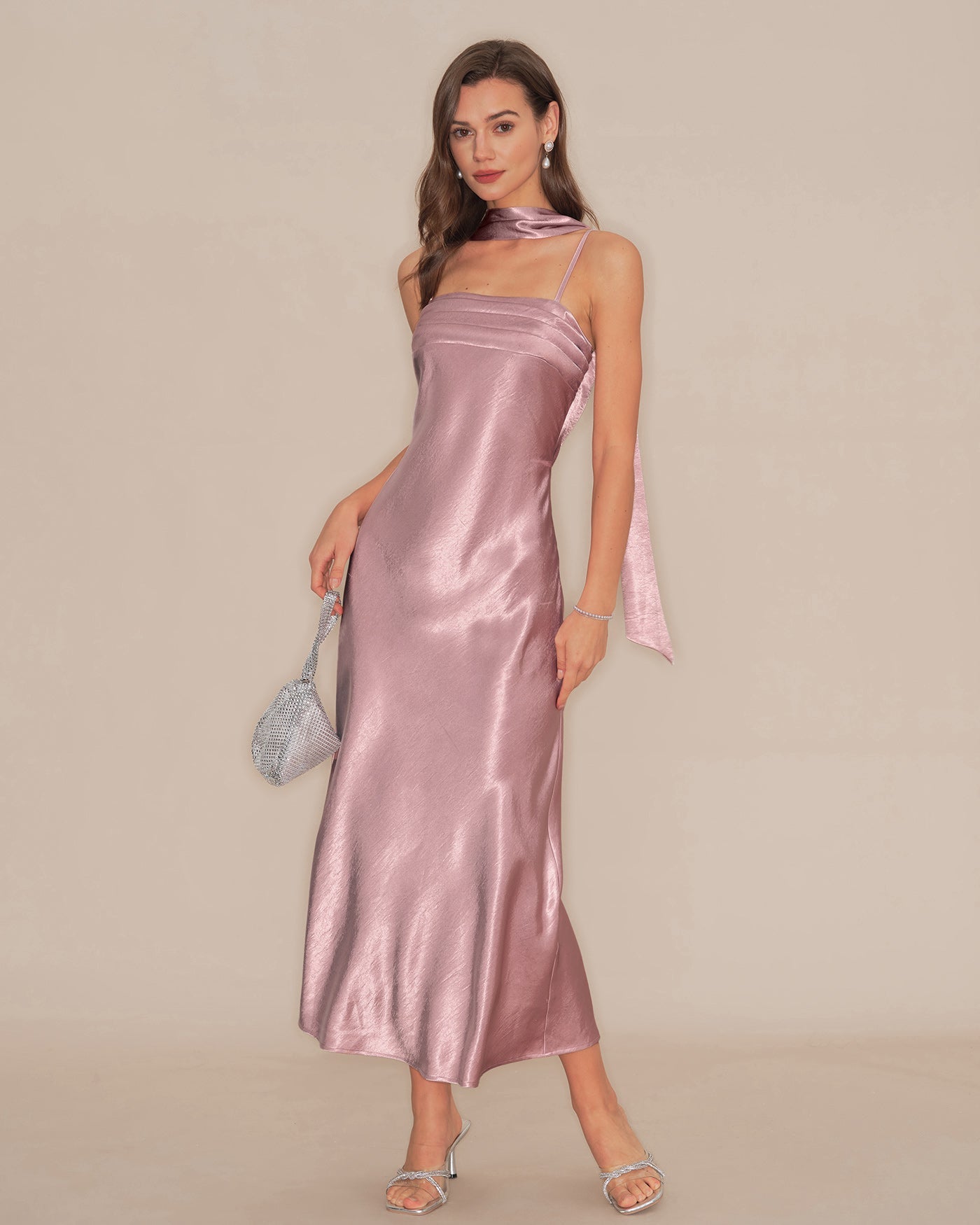 Pembe Slip Balık Kesim Saten Maxi Elbise