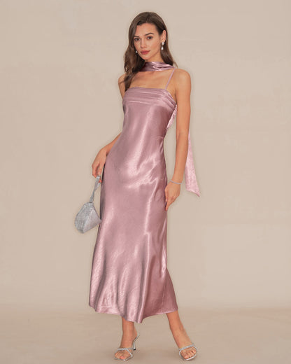 Pembe Slip Balık Kesim Saten Maxi Elbise