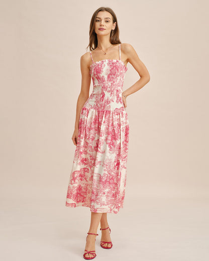 Pembe Çiçek Desenli Büzgülü Slip Maxi Elbise