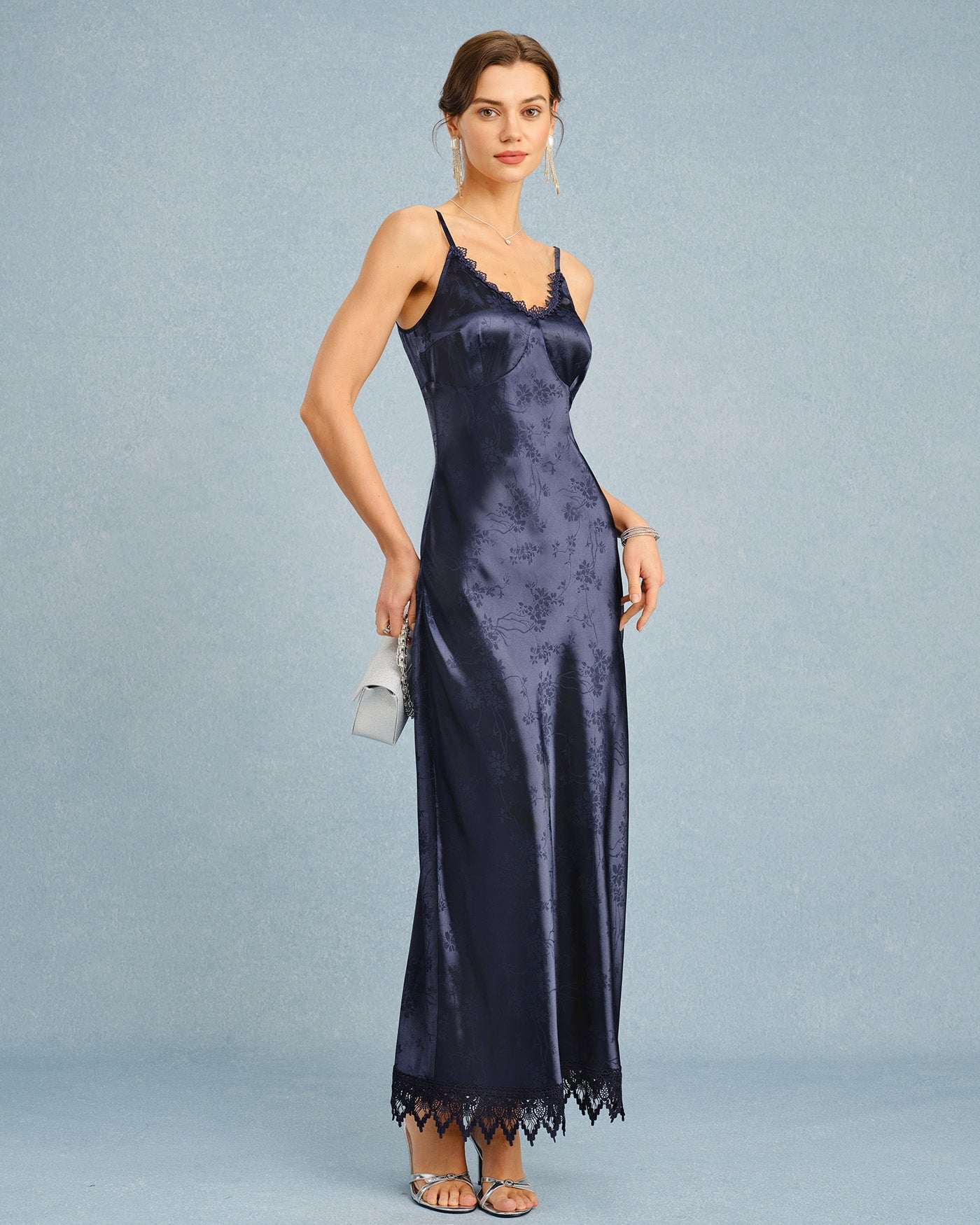 Lacivert Jakarlı Dantelli Slip Maxi Elbise