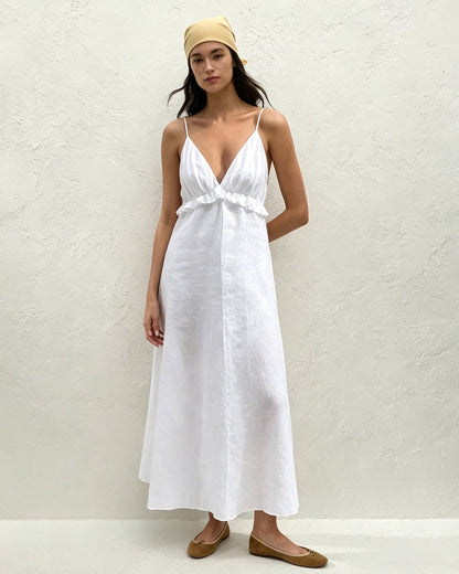 Beyaz Düz Renk Büzgülü Slip Maxi Elbise