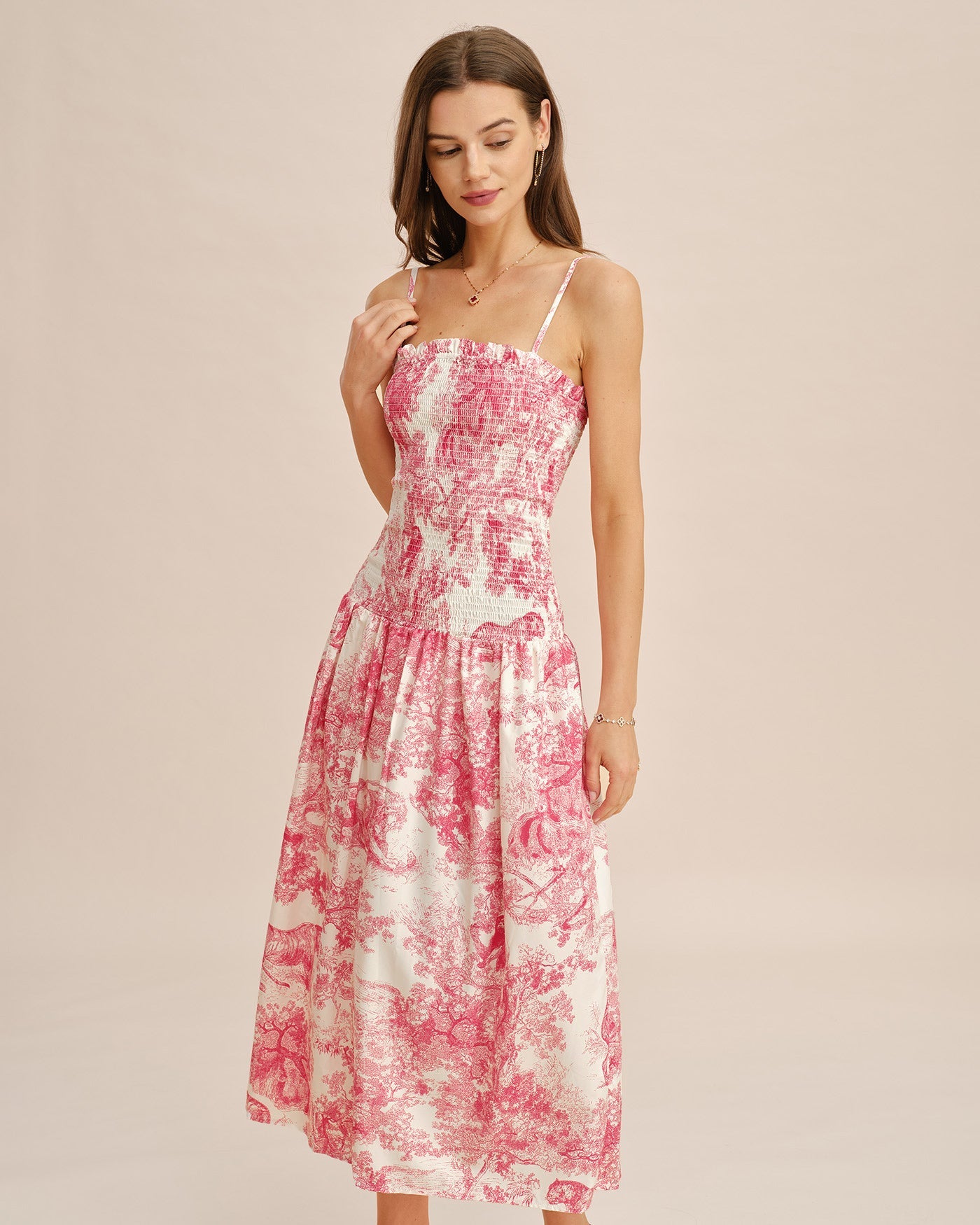 Pembe Çiçek Desenli Büzgülü Slip Maxi Elbise