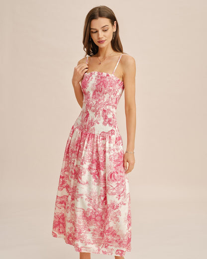 Pembe Çiçek Desenli Büzgülü Slip Maxi Elbise