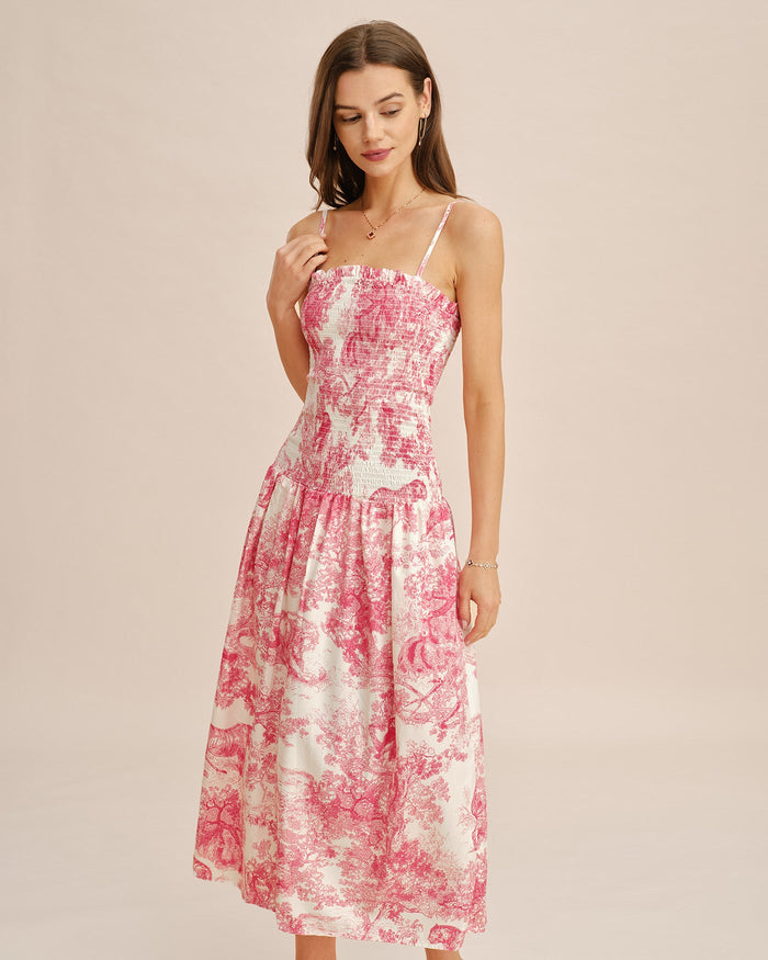 Pembe Çiçek Desenli Büzgülü Slip Maxi Elbise