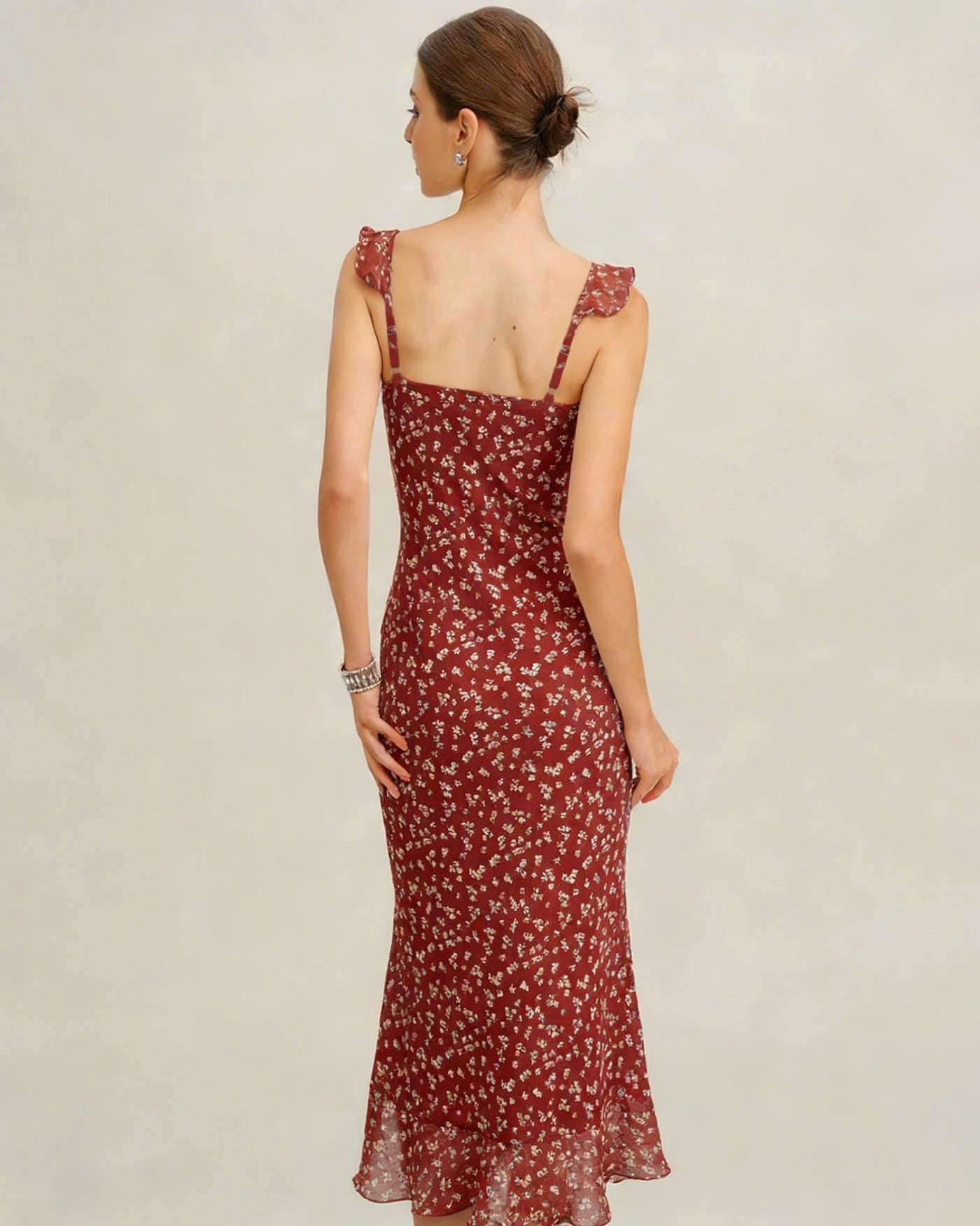 Kırmızı Çiçek Desenli Slip Maxi Elbise