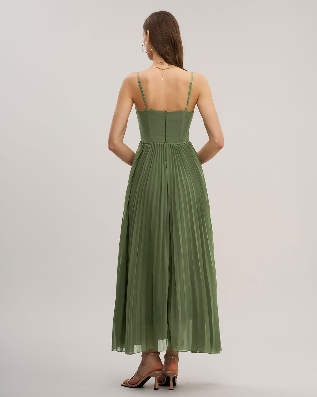 Yeşil Kalp Yaka Flowy Slip Maxi Elbise