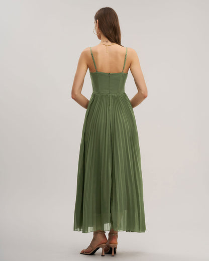 Yeşil Kalp Yaka Flowy Slip Maxi Elbise