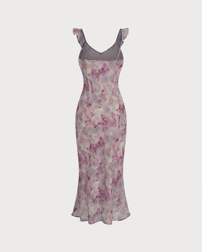 Mor Fırfır Detaylı A Kesim Slip Maxi Elbise