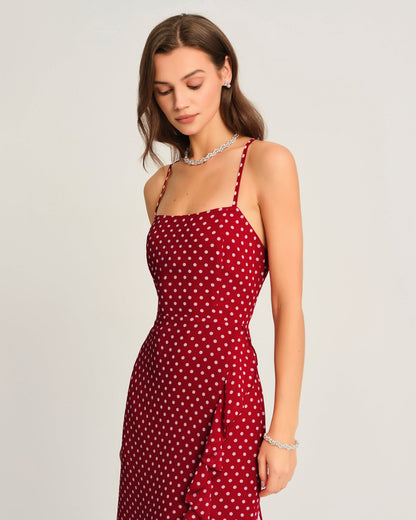 Kırmızı Puantiyeli Slip Maxi Elbise