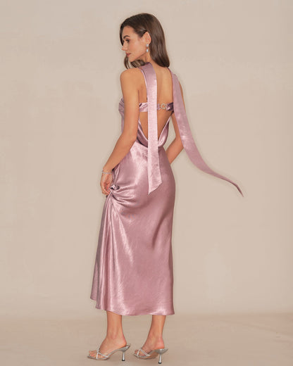 Pembe Slip Balık Kesim Saten Maxi Elbise