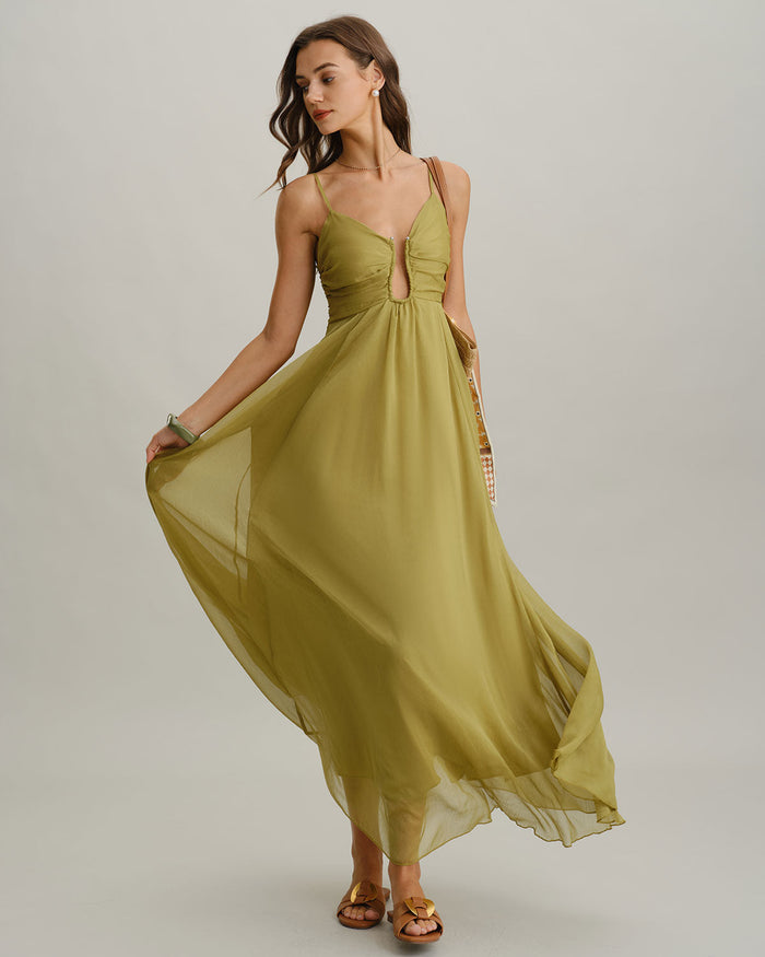 Yeşil Büzgülü Slip Maxi Elbise