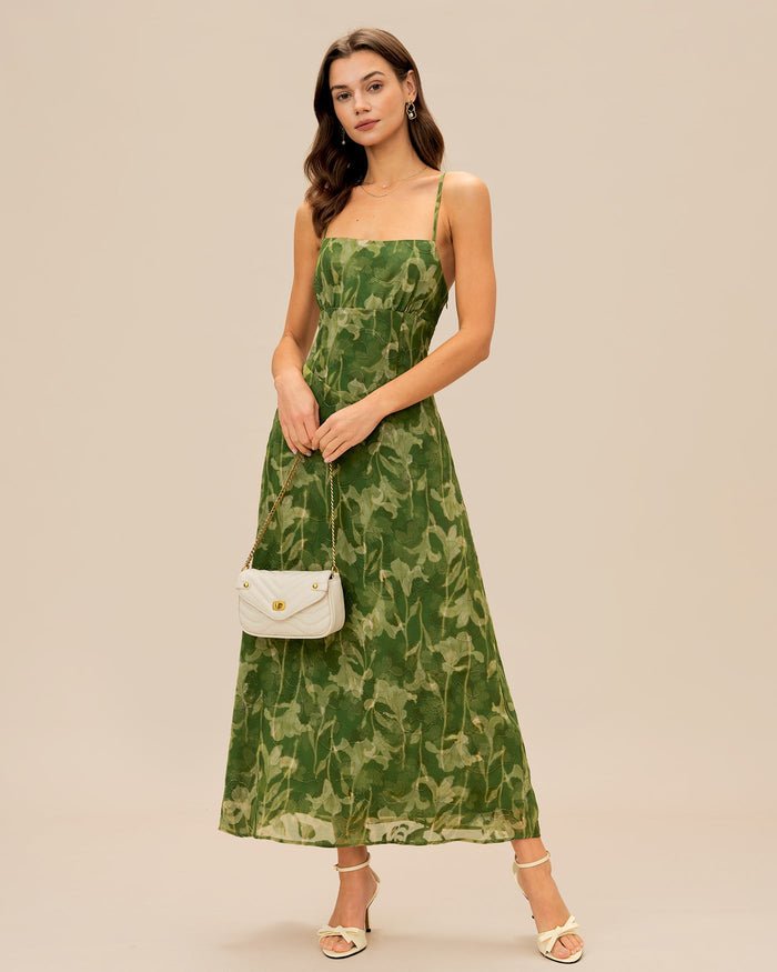 Yeşil Çiçek Desenli Çapraz Slip Maxi Elbise