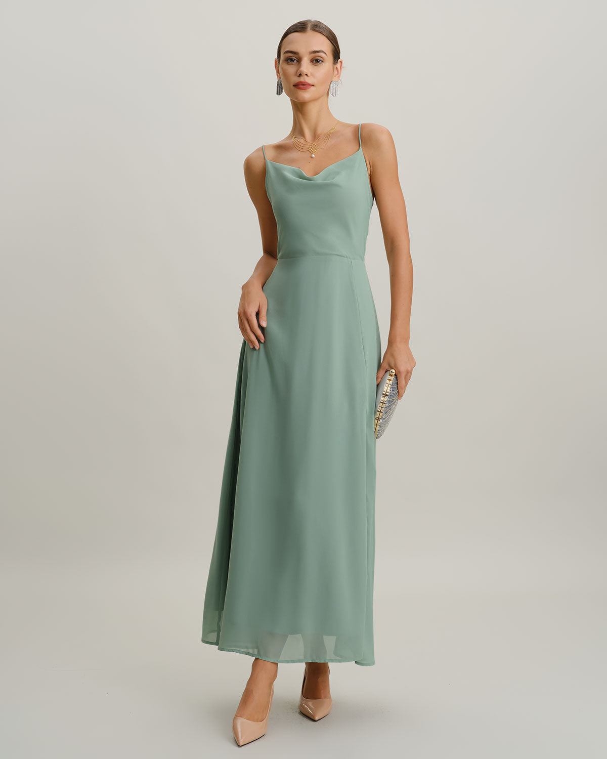 Yeşil A Kesim Sırtı Açık Slip Maxi Elbise