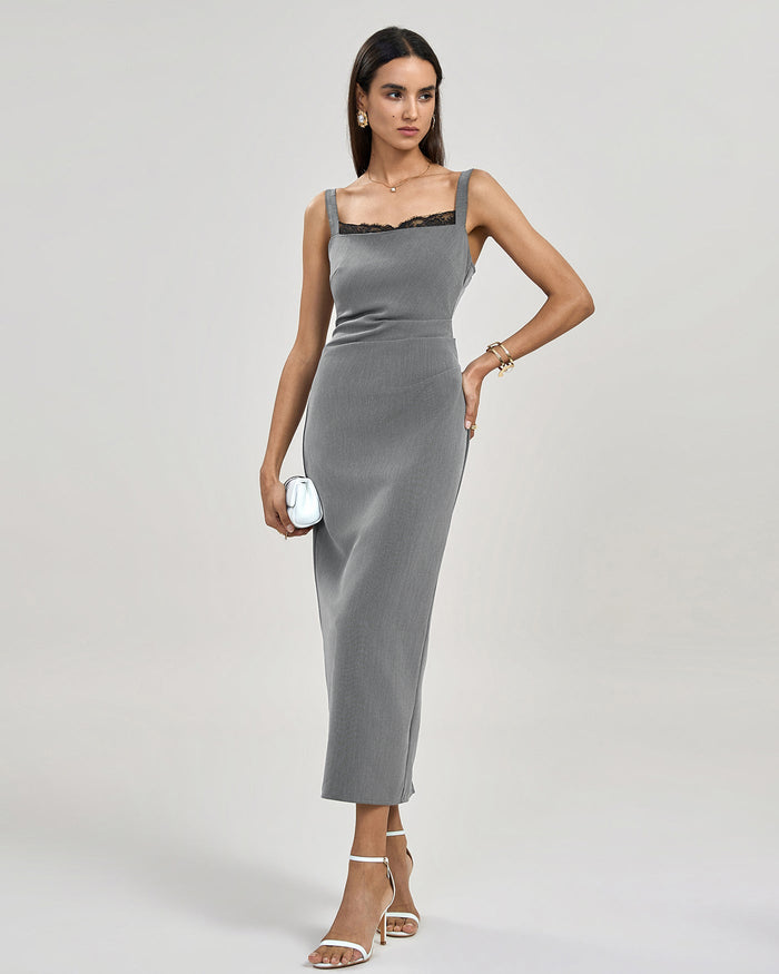 Gri Pileli Slip Maxi Elbise