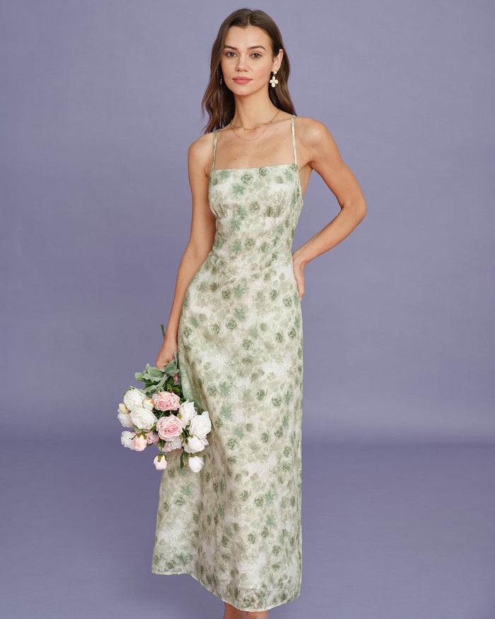 Açık Yeşil Çapraz Çiçek Desenli Slip Maxi Elbise
