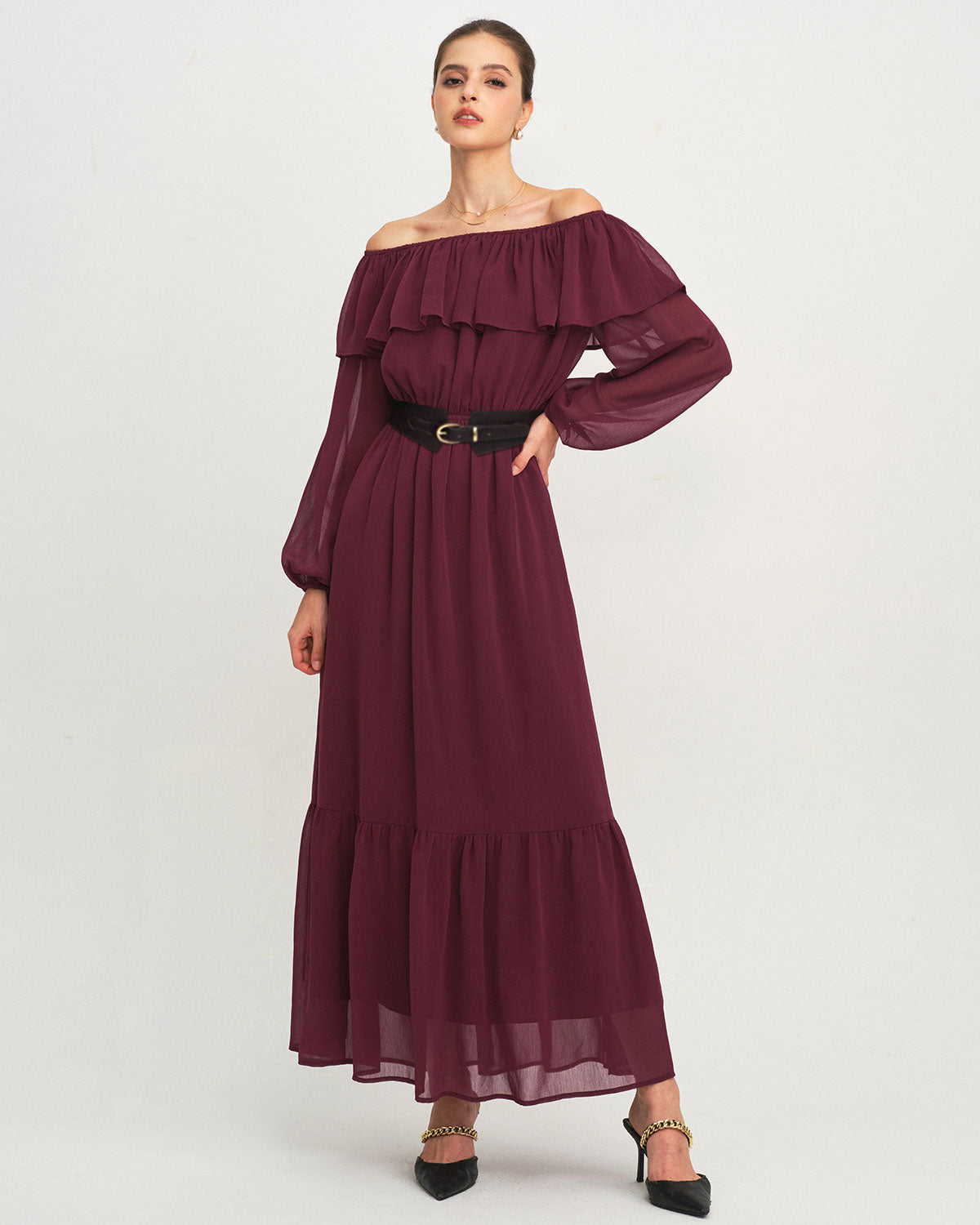 Bordo Kayık Yaka Fırfır Detaylı Maxi Elbise