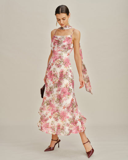 Pembe Çiçek Desenli Slip Şifon Maxi Elbise