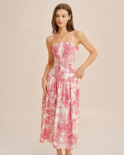 Pembe Çiçek Desenli Büzgülü Slip Maxi Elbise
