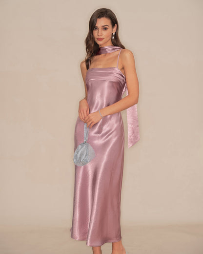 Pembe Slip Balık Kesim Saten Maxi Elbise