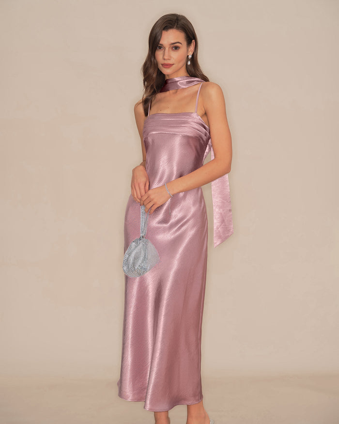 Pembe Slip Balık Kesim Saten Maxi Elbise