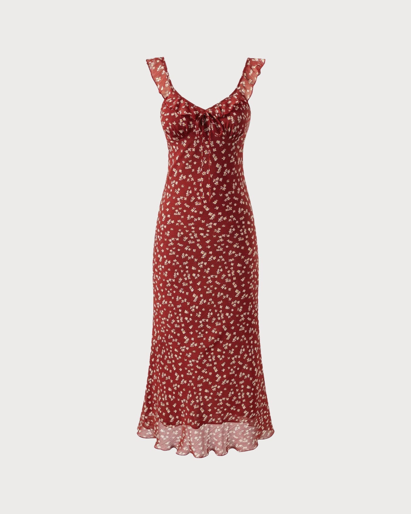 Kırmızı Çiçek Desenli Slip Maxi Elbise