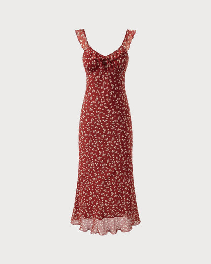 Kırmızı Çiçek Desenli Slip Maxi Elbise