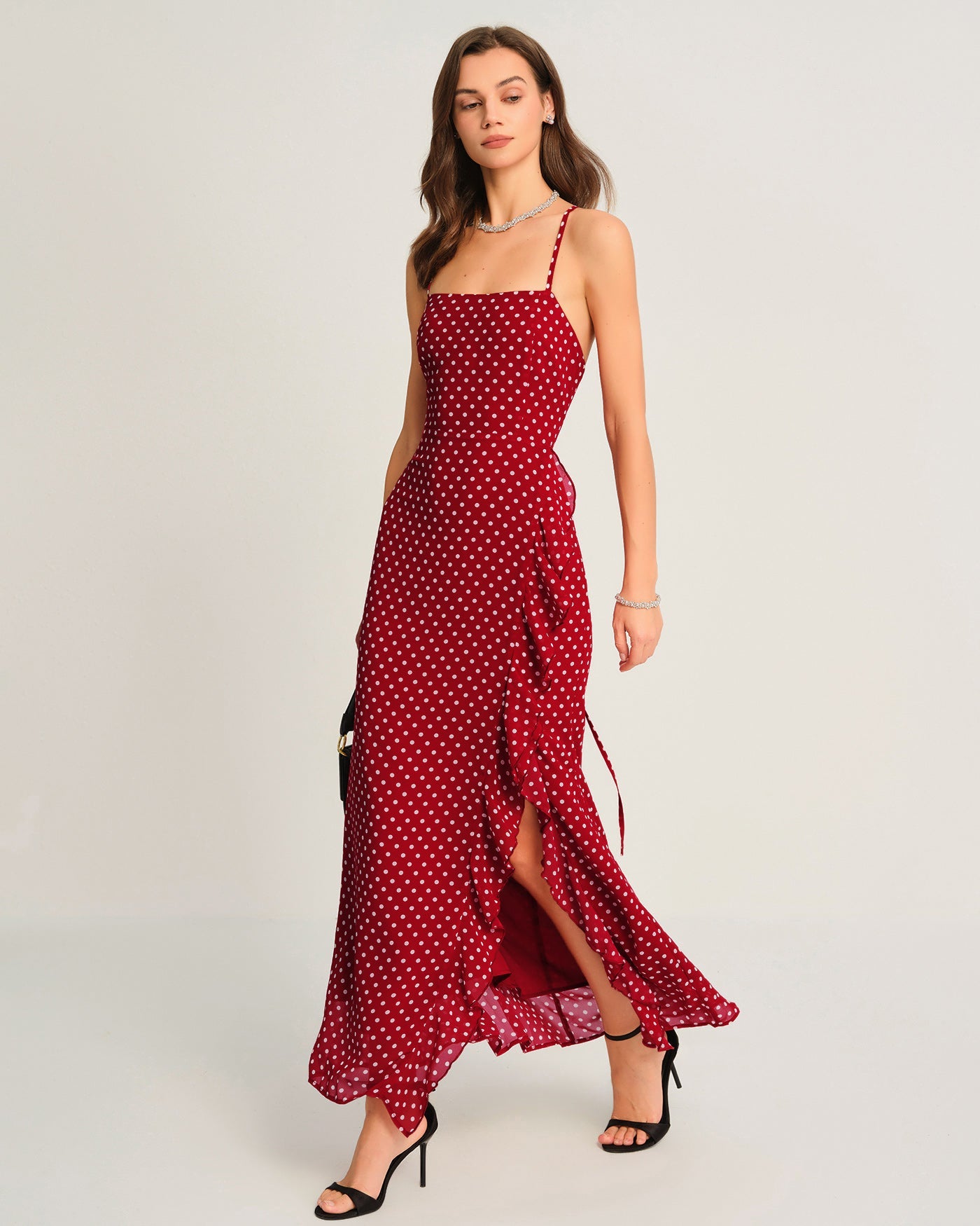 Kırmızı Puantiyeli Slip Maxi Elbise