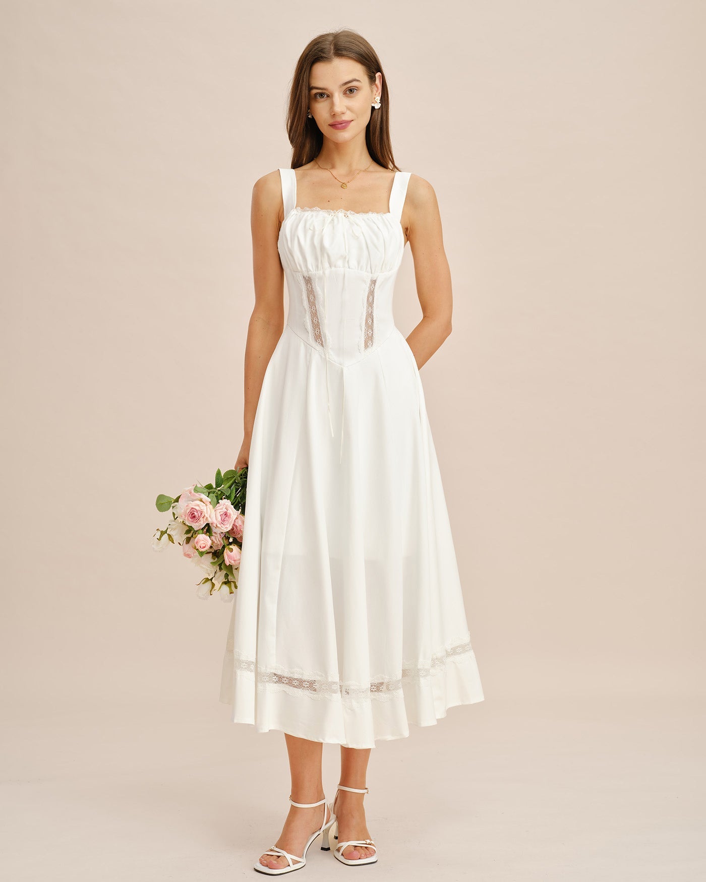 Beyaz Dantel Geçişli Slip Maxi Elbise