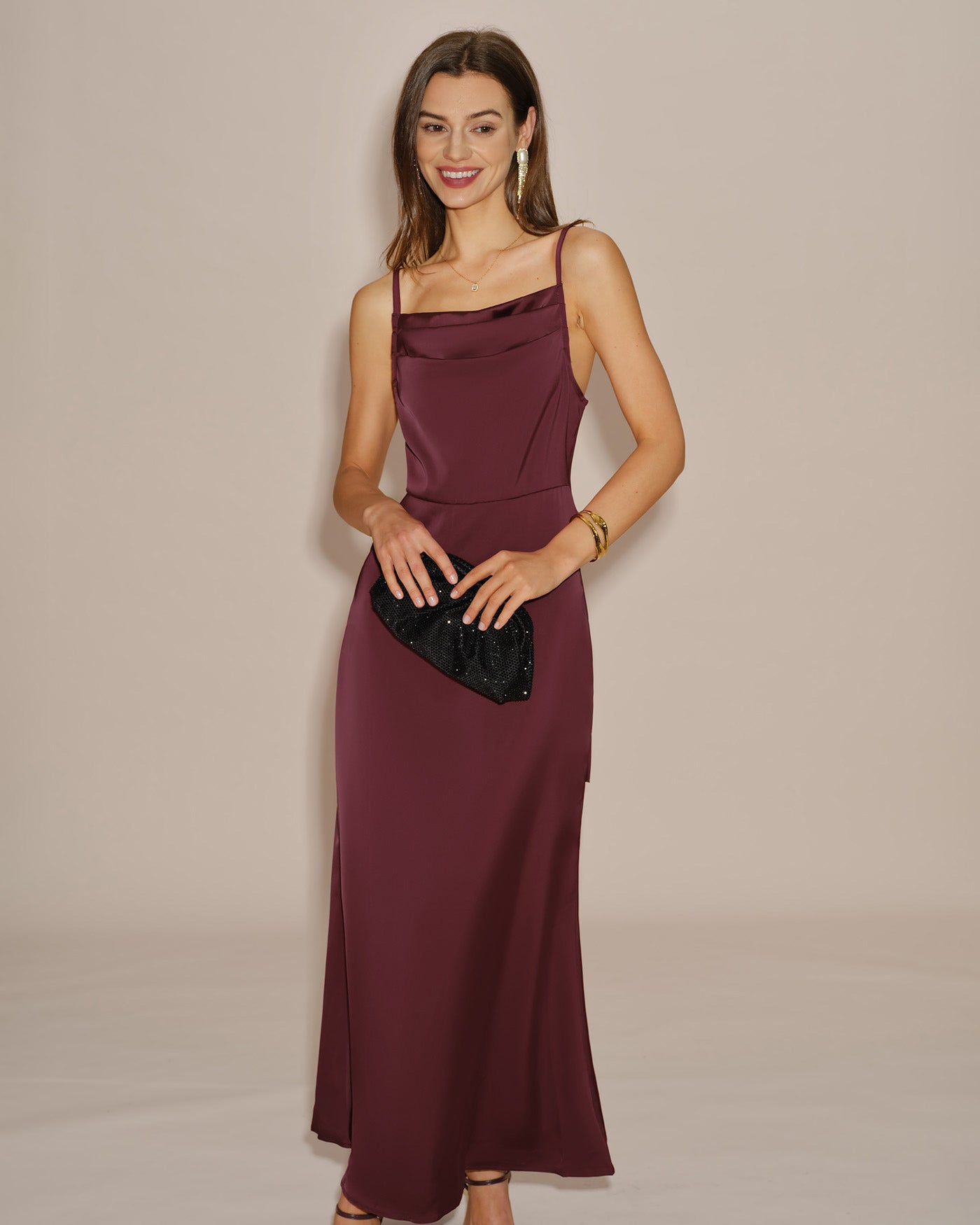 Bordo Düz Renk Bağlamalı Slip Maxi Elbise