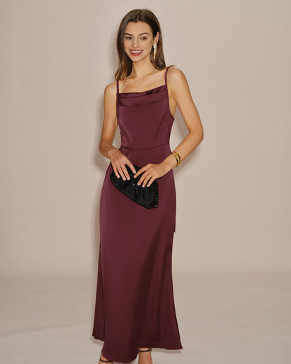 Bordo Düz Renk Bağlamalı Slip Maxi Elbise