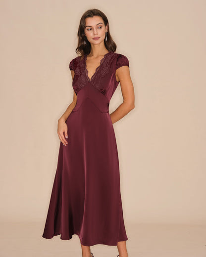 Bordo V Yaka Dantelli Maxi Elbise