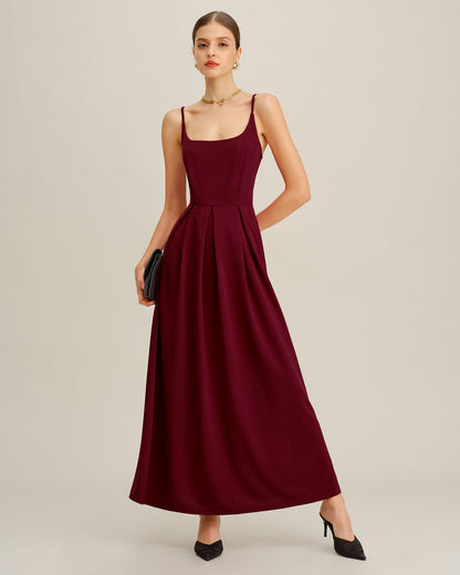 Bordo Pileli Slip Maxi Elbise