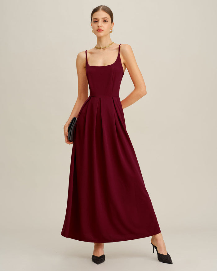 Bordo Pileli Slip Maxi Elbise