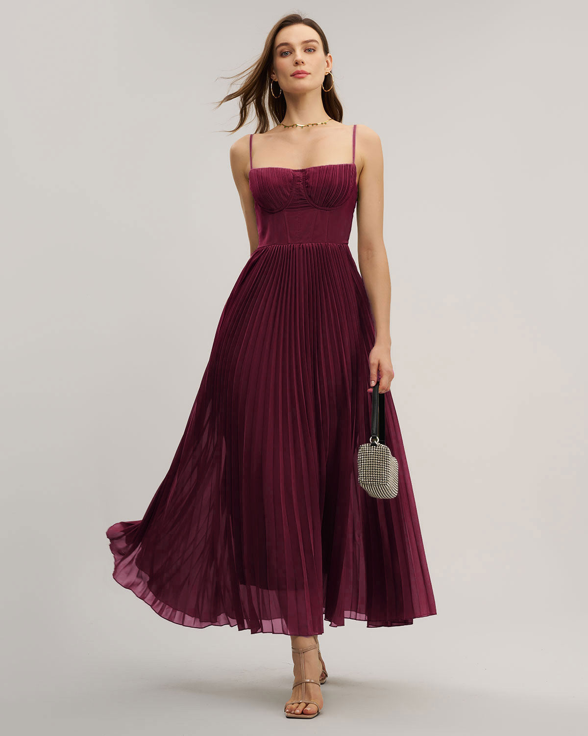 Bordo Kalp Yaka Flowy Maxi Elbise