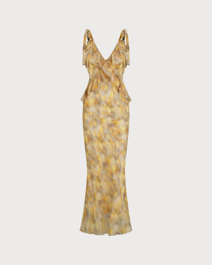Sarı Fırfır Detaylı Slip Maxi Elbise