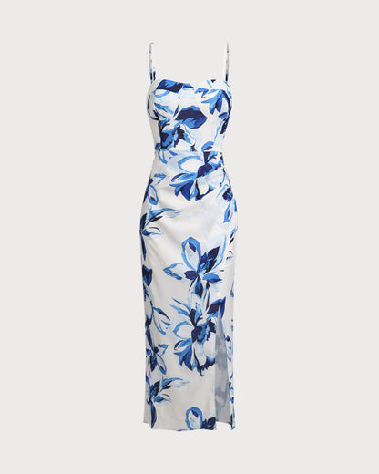 Mavi Çiçek Desenli Bohemian Slip Maxi Elbise