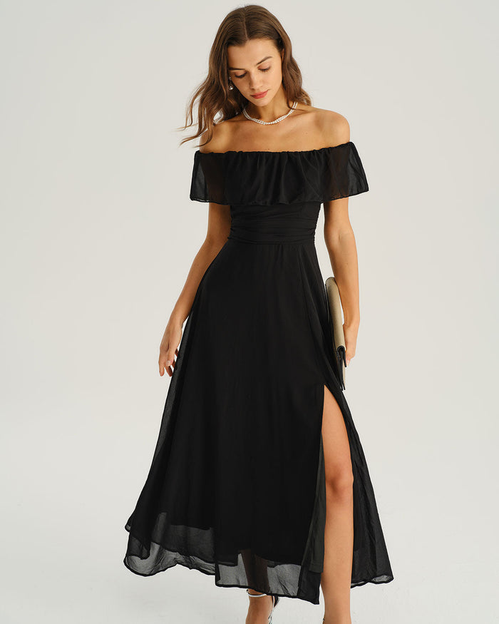 Siyah Off The Shoulder A Kesim Maxi Elbise