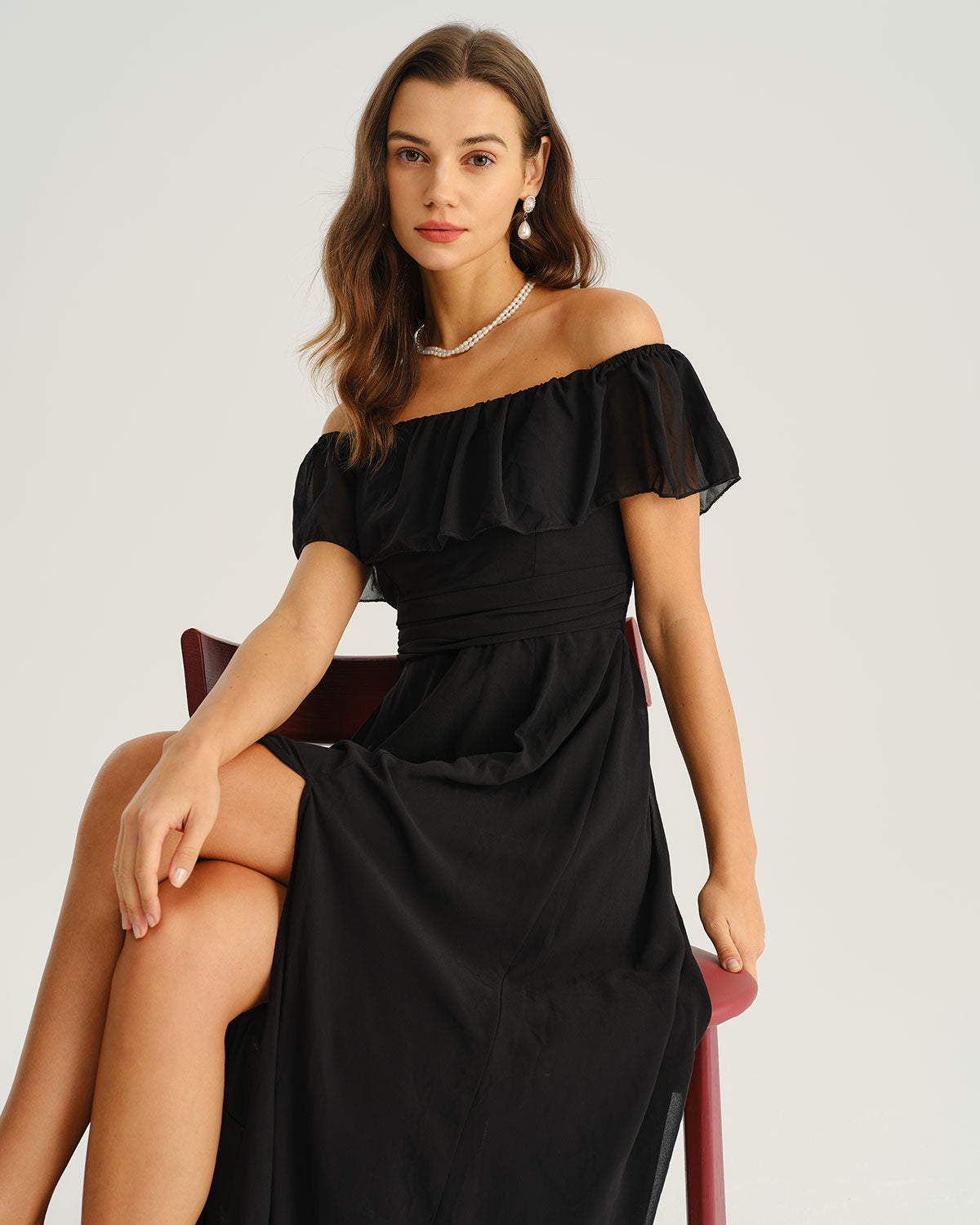 Siyah Off The Shoulder A Kesim Maxi Elbise