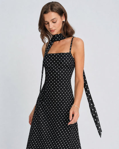 Siyah Puantiyeli Degaje Yaka Slip Maxi Elbise
